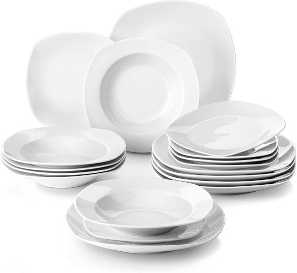 MALACASA Serie Elisa, 18 TLG. Porzellan Tafelservice Geschirrset Kombiservice, 6 Dessertteller, 6 Suppenteller und 6 Speiseteller für 6 Personen 1