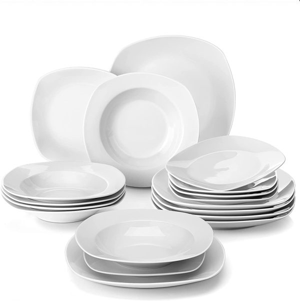 MALACASA, Serie ELISA, 18-teilig Grauweiß Porzellan Tafelservice Kombiservice Geschirrset, je 6 Speiseteller, Dessertteller, Suppenteller für 6 Personen 1