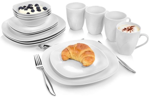 SÄNGER | Kombiservice Bilgola in weiß, 16-teiliges Geschirrset aus Porzellan für 4 Personen, Teller, Tassen, Schalen, Eckiges Design | PREMIUM COLLECTION 1