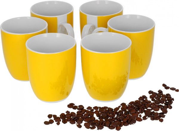 van Well Vario 6er Kaffeetassen-Set - Porzellan-Tasse groß - in fröhlichen Farben - pflegeleichtes Tassen-Set - für Spülmaschine & Mikrowelle geeignet - 300 ml Kaffeebecher Gelb 1