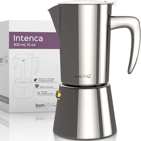 bonVIVO Espressokocher Induktion geeignet - Edelstahl Kaffeekocher in Chrom-Optik m. Wasserkessel u. Sieb - Mokkakanne 6 Tassen - 300 ml - Weihnachtsgeschenke für den Haushalt 1