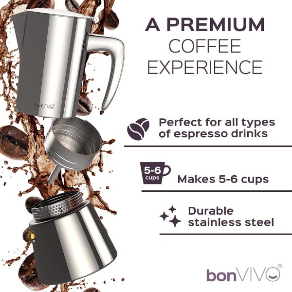 bonVIVO Espressokocher Induktion geeignet - Edelstahl Kaffeekocher in Chrom-Optik m. Wasserkessel u. Sieb - Mokkakanne 6 Tassen - 300 ml - Weihnachtsgeschenke für den Haushalt 2