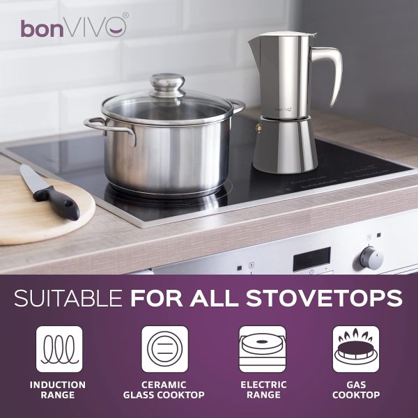 bonVIVO Espressokocher Induktion geeignet - Edelstahl Kaffeekocher in Chrom-Optik m. Wasserkessel u. Sieb - Mokkakanne 6 Tassen - 300 ml - Weihnachtsgeschenke für den Haushalt 4
