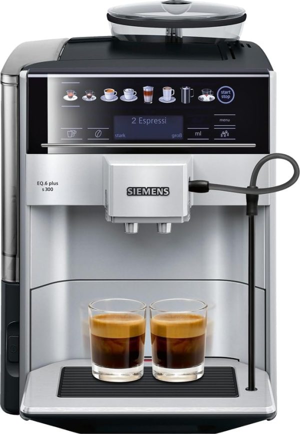 SIEMENS Kaffeevollautomat EQ.6 plus s300 TE653501DE, für viele Kaffeespezialitäten, Milch-Aufschäumdüse, Keramikmahlwerk, Doppeltassenfunktion, Antikalk, automatische Dampfreinigung, 1500 W, silber 1