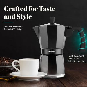 WECOOK! - 12 Tassen Italienischer Espresso-Kaffeekocher Induktion | Edelstahl für Ceranfeld, Caffettiera Induktion | Aluminium Espressomaschine klein, Sicherheitsventil | Schwarz, Aluminium 12