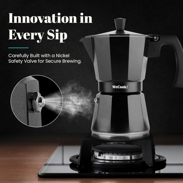 WECOOK! - 12 Tassen Italienischer Espresso-Kaffeekocher Induktion | Edelstahl für Ceranfeld, Caffettiera Induktion | Aluminium Espressomaschine klein, Sicherheitsventil | Schwarz, Aluminium 4