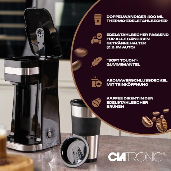 Clatronic Kaffeemaschine mit Kaffee To Go Becher 400ml | passend für alle gängigen Getränkehalter (z.B. Auto) | Filterkaffeemaschine mit Edelstahlbecher und Aromadeckel | Kaffeemaschine klein KA 3733 3
