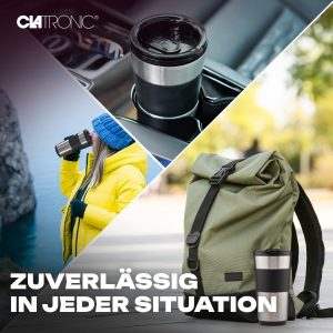 Clatronic Kaffeemaschine mit Kaffee To Go Becher 400ml | passend für alle gängigen Getränkehalter (z.B. Auto) | Filterkaffeemaschine mit Edelstahlbecher und Aromadeckel | Kaffeemaschine klein KA 3733 15