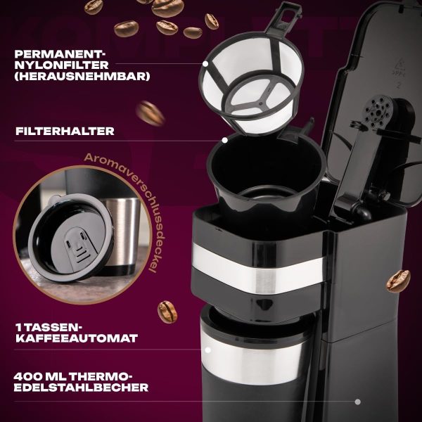 Clatronic Kaffeemaschine mit Kaffee To Go Becher 400ml | passend für alle gängigen Getränkehalter (z.B. Auto) | Filterkaffeemaschine mit Edelstahlbecher und Aromadeckel | Kaffeemaschine klein KA 3733 5
