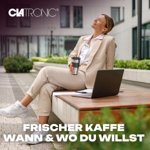 Clatronic Kaffeemaschine mit Kaffee To Go Becher 400ml | passend für alle gängigen Getränkehalter (z.B. Auto) | Filterkaffeemaschine mit Edelstahlbecher und Aromadeckel | Kaffeemaschine klein KA 3733 21