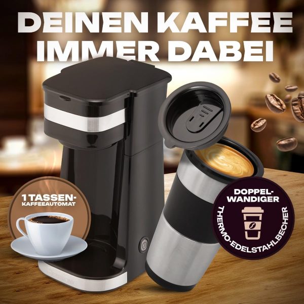 Clatronic Kaffeemaschine mit Kaffee To Go Becher 400ml | passend für alle gängigen Getränkehalter (z.B. Auto) | Filterkaffeemaschine mit Edelstahlbecher und Aromadeckel | Kaffeemaschine klein KA 3733 8