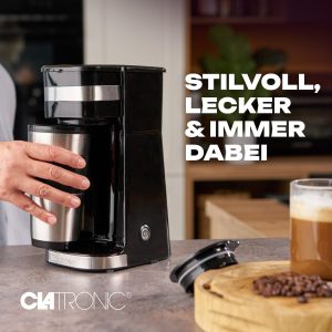 Clatronic Kaffeemaschine mit Kaffee To Go Becher 400ml | passend für alle gängigen Getränkehalter (z.B. Auto) | Filterkaffeemaschine mit Edelstahlbecher und Aromadeckel | Kaffeemaschine klein KA 3733 25