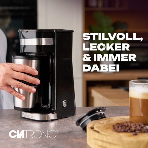 Clatronic Kaffeemaschine mit Kaffee To Go Becher 400ml | passend für alle gängigen Getränkehalter (z.B. Auto) | Filterkaffeemaschine mit Edelstahlbecher und Aromadeckel | Kaffeemaschine klein KA 3733 9