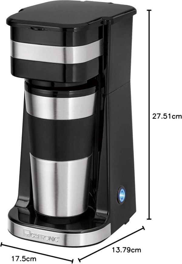 Clatronic Kaffeemaschine mit Kaffee To Go Becher 400ml | passend für alle gängigen Getränkehalter (z.B. Auto) | Filterkaffeemaschine mit Edelstahlbecher und Aromadeckel | Kaffeemaschine klein KA 3733 10