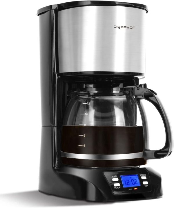 Aigostar Benno - Digitale Kaffeemaschine, Kaffeebrüher mit programmierbarer Timer, bis 12 Tassen, 1,5L, Warmhalteplatte, Tropf-Stopp, 800Watt, FilterKaffeemaschine Edelstahl, Schwarz 1