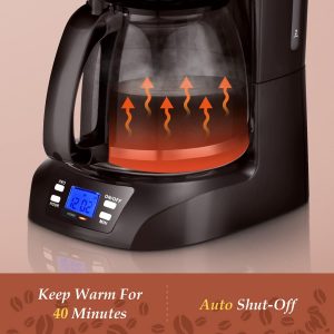 Aigostar Benno - Digitale Kaffeemaschine, Kaffeebrüher mit programmierbarer Timer, bis 12 Tassen, 1,5L, Warmhalteplatte, Tropf-Stopp, 800Watt, FilterKaffeemaschine Edelstahl, Schwarz 12