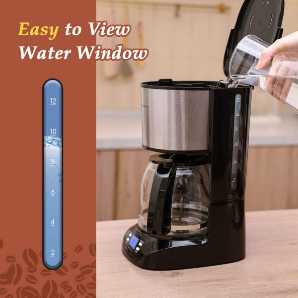 Aigostar Benno - Digitale Kaffeemaschine, Kaffeebrüher mit programmierbarer Timer, bis 12 Tassen, 1,5L, Warmhalteplatte, Tropf-Stopp, 800Watt, FilterKaffeemaschine Edelstahl, Schwarz 4