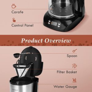 Aigostar Benno - Digitale Kaffeemaschine, Kaffeebrüher mit programmierbarer Timer, bis 12 Tassen, 1,5L, Warmhalteplatte, Tropf-Stopp, 800Watt, FilterKaffeemaschine Edelstahl, Schwarz 16