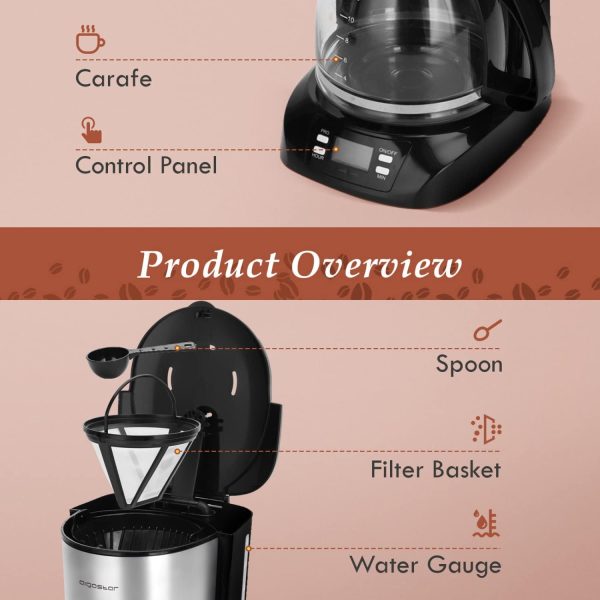 Aigostar Benno - Digitale Kaffeemaschine, Kaffeebrüher mit programmierbarer Timer, bis 12 Tassen, 1,5L, Warmhalteplatte, Tropf-Stopp, 800Watt, FilterKaffeemaschine Edelstahl, Schwarz 5