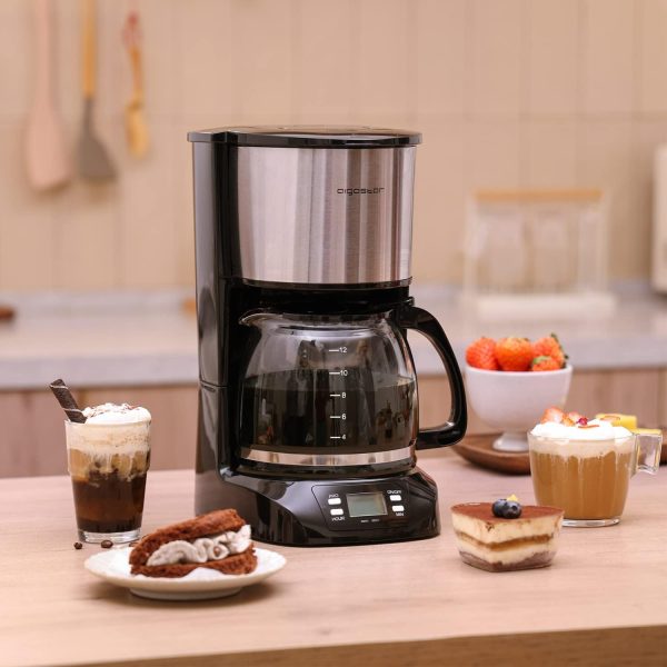 Aigostar Benno - Digitale Kaffeemaschine, Kaffeebrüher mit programmierbarer Timer, bis 12 Tassen, 1,5L, Warmhalteplatte, Tropf-Stopp, 800Watt, FilterKaffeemaschine Edelstahl, Schwarz 7