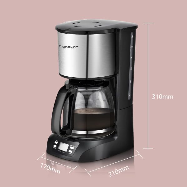 Aigostar Benno - Digitale Kaffeemaschine, Kaffeebrüher mit programmierbarer Timer, bis 12 Tassen, 1,5L, Warmhalteplatte, Tropf-Stopp, 800Watt, FilterKaffeemaschine Edelstahl, Schwarz 8