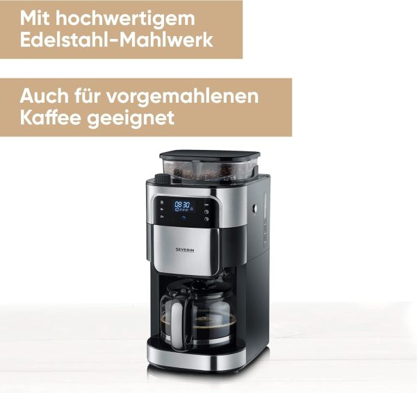 SEVERIN Kaffeemaschine mit Mahlwerk, Kaffeeautomat mit Glaskanne und Timer-Funktion, auch als Filterkaffeemaschine, für bis zu 10 Tassen Kaffee, 1000 Watt, schwarz/ Edelstahl, KA 4813 2