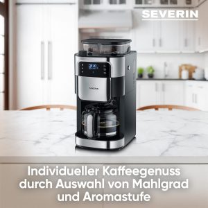 SEVERIN Kaffeemaschine mit Mahlwerk, Kaffeeautomat mit Glaskanne und Timer-Funktion, auch als Filterkaffeemaschine, für bis zu 10 Tassen Kaffee, 1000 Watt, schwarz/ Edelstahl, KA 4813 14