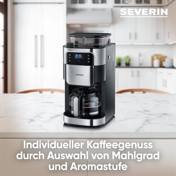 SEVERIN Kaffeemaschine mit Mahlwerk, Kaffeeautomat mit Glaskanne und Timer-Funktion, auch als Filterkaffeemaschine, für bis zu 10 Tassen Kaffee, 1000 Watt, schwarz/ Edelstahl, KA 4813 3