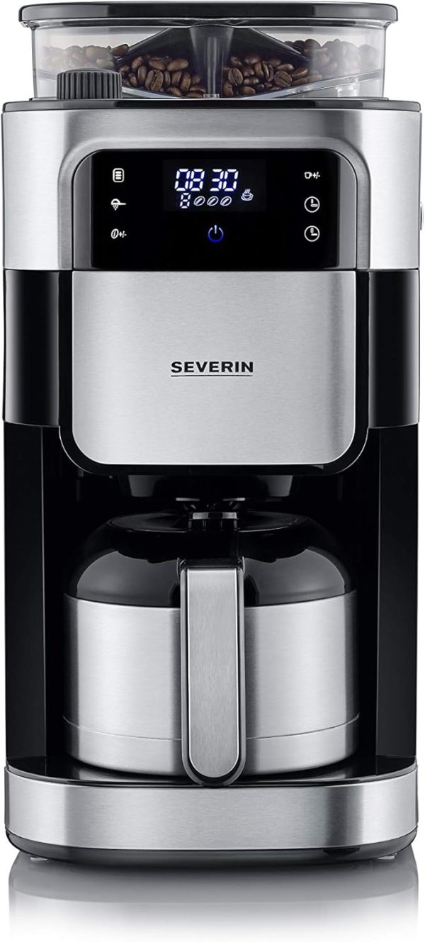 SEVERIN Filterkaffeemaschine mit Edelstahl-Mahlwerk und Thermokanne, feinste Mahlung und individuell auswählbarer Mahlgrad, 1000 W, für bis zu 8 Tassen / ca. 1 Liter, Schwarz, KA 4814 1