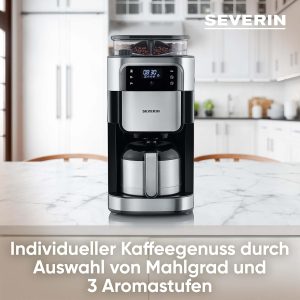 SEVERIN Filterkaffeemaschine mit Edelstahl-Mahlwerk und Thermokanne, feinste Mahlung und individuell auswählbarer Mahlgrad, 1000 W, für bis zu 8 Tassen / ca. 1 Liter, Schwarz, KA 4814 13