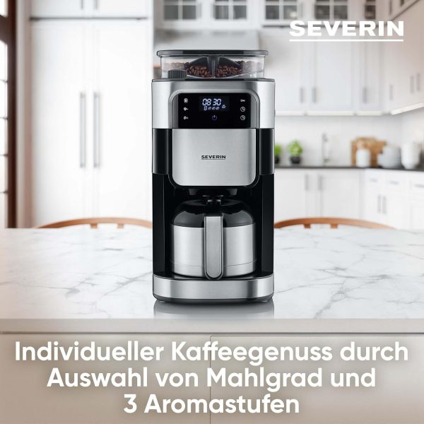 SEVERIN Filterkaffeemaschine mit Edelstahl-Mahlwerk und Thermokanne, feinste Mahlung und individuell auswählbarer Mahlgrad, 1000 W, für bis zu 8 Tassen / ca. 1 Liter, Schwarz, KA 4814 3