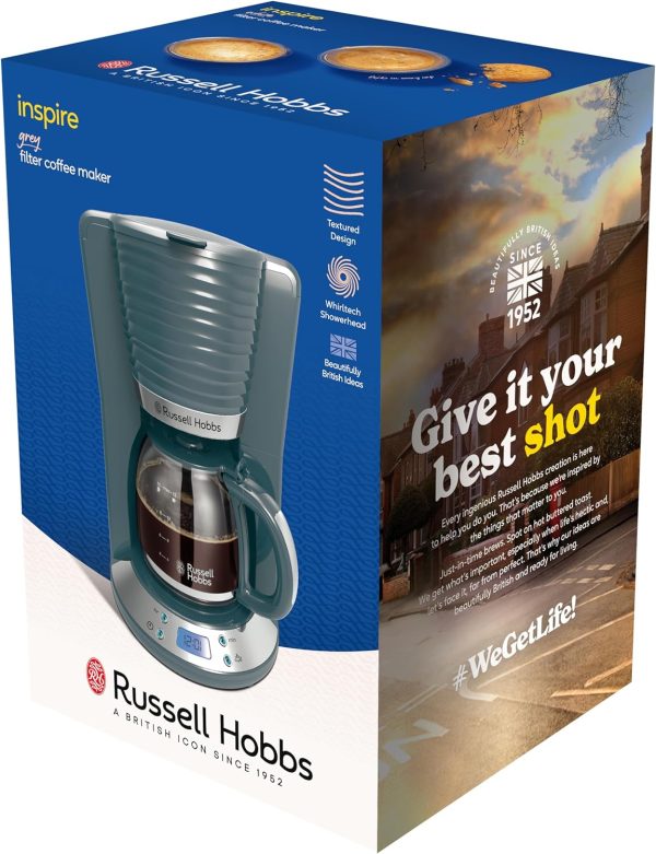Russell Hobbs Kaffeemaschine [Digitaler Timer, Brausekopf für optimale Extraktion&Aroma] Inspire Grau (max 10 Tassen, 1,25l Glaskanne, Warmhalteplatte, 1100W) Filterkaffeemaschine 24393-56 8