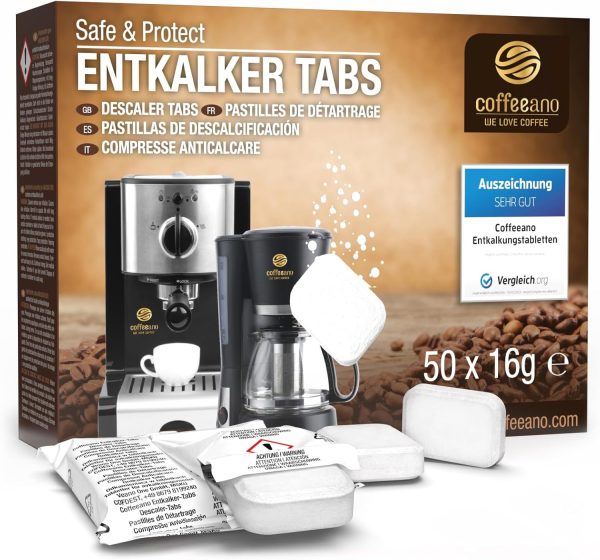 Coffeeano 50 Entkalkungstabletten für Kaffeevollautomaten und Kaffeemaschinen. Entkalkungs-Tabs für Delonghi, Siemens, EQ-Serie, Jura, Krups, Bosch, Miele, Melitta, WMF uvm. 1