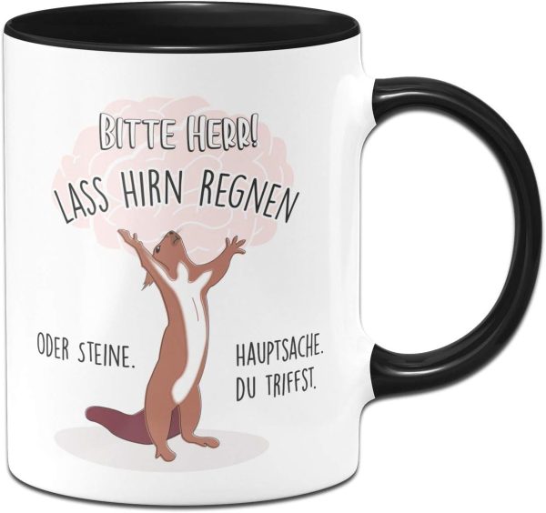 Tassenbrennerei, Keramik Eichhörnchen Tasse mit Spruch Bitte Herr! Lass Hirn Regnen oder Steine - Kaffeetasse lustig - Dumme Menschen - Spülmaschinenfest (Schwarz) 1