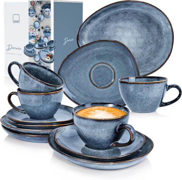 SÄNERG | Kaffeeservice Darwin 12 tlg, Kaffeegeschirr 4 Personen, Steingut Kaffee Set, Kaffee Set Spülmaschinenfest, Service mit Tassen Untertassen & Desserttellern Blau 300 ml | PREMIUM COLLECTION 1