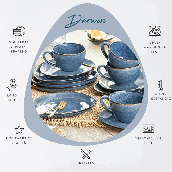 SÄNERG | Kaffeeservice Darwin 12 tlg, Kaffeegeschirr 4 Personen, Steingut Kaffee Set, Kaffee Set Spülmaschinenfest, Service mit Tassen Untertassen & Desserttellern Blau 300 ml | PREMIUM COLLECTION 2