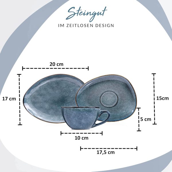SÄNERG | Kaffeeservice Darwin 12 tlg, Kaffeegeschirr 4 Personen, Steingut Kaffee Set, Kaffee Set Spülmaschinenfest, Service mit Tassen Untertassen & Desserttellern Blau 300 ml | PREMIUM COLLECTION 3