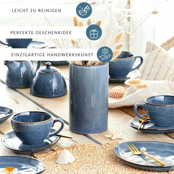 SÄNERG | Kaffeeservice Darwin 12 tlg, Kaffeegeschirr 4 Personen, Steingut Kaffee Set, Kaffee Set Spülmaschinenfest, Service mit Tassen Untertassen & Desserttellern Blau 300 ml | PREMIUM COLLECTION 4
