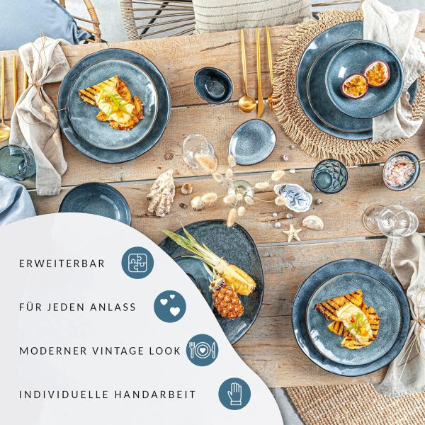 SÄNERG | Kaffeeservice Darwin 12 tlg, Kaffeegeschirr 4 Personen, Steingut Kaffee Set, Kaffee Set Spülmaschinenfest, Service mit Tassen Untertassen & Desserttellern Blau 300 ml | PREMIUM COLLECTION 5