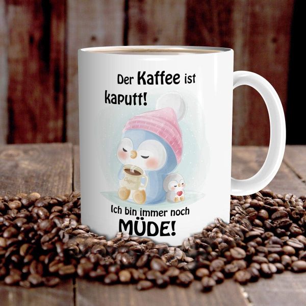 TRIOSK Pinguin Tasse Kaffee Kaputt Schlafmütze mit Spruch lustig Coffee Geschenk für Frauen Freundin Pinguinliebhaber Arbeit Büro Kollegin Weiß, Keramik 300ml 7