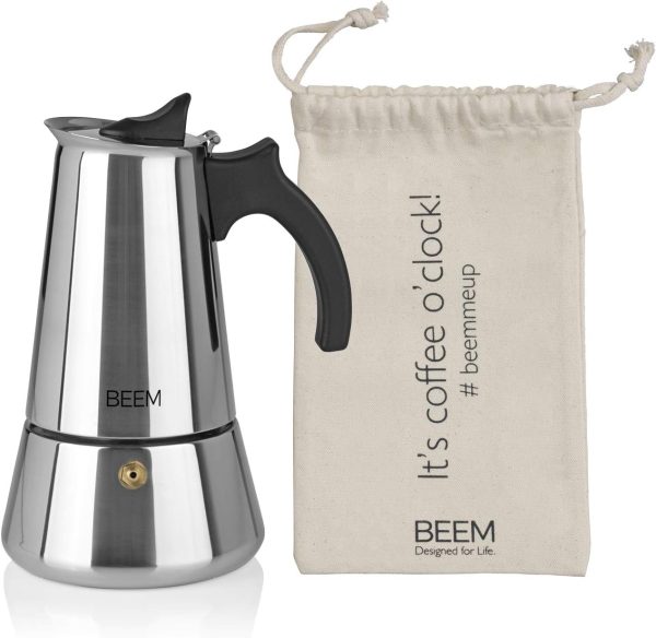 BEEM ESPRESSOMAKER Espressokocher - 6 Tassen | Kaffeekocher | Induktion geeignet | Edelstahl | 200-300 ml Mokka | Camping Espressokanne | Plus Beutel 1