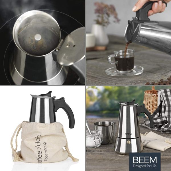 BEEM ESPRESSOMAKER Espressokocher - 6 Tassen | Kaffeekocher | Induktion geeignet | Edelstahl | 200-300 ml Mokka | Camping Espressokanne | Plus Beutel 2