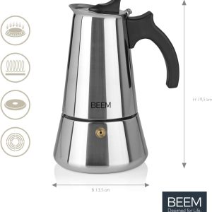 BEEM ESPRESSOMAKER Espressokocher - 6 Tassen | Kaffeekocher | Induktion geeignet | Edelstahl | 200-300 ml Mokka | Camping Espressokanne | Plus Beutel 10