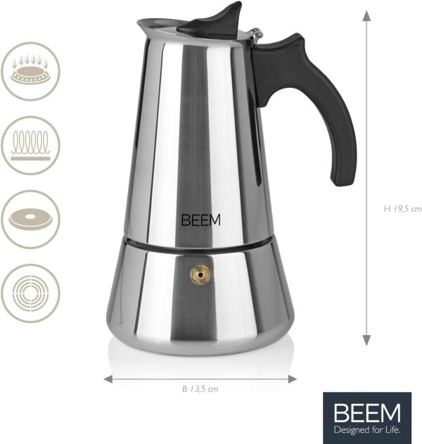 BEEM ESPRESSOMAKER Espressokocher - 6 Tassen | Kaffeekocher | Induktion geeignet | Edelstahl | 200-300 ml Mokka | Camping Espressokanne | Plus Beutel 3