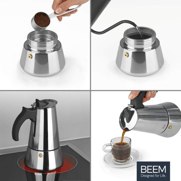 BEEM ESPRESSOMAKER Espressokocher - 6 Tassen | Kaffeekocher | Induktion geeignet | Edelstahl | 200-300 ml Mokka | Camping Espressokanne | Plus Beutel 4