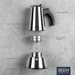 BEEM ESPRESSOMAKER Espressokocher - 6 Tassen | Kaffeekocher | Induktion geeignet | Edelstahl | 200-300 ml Mokka | Camping Espressokanne | Plus Beutel 14