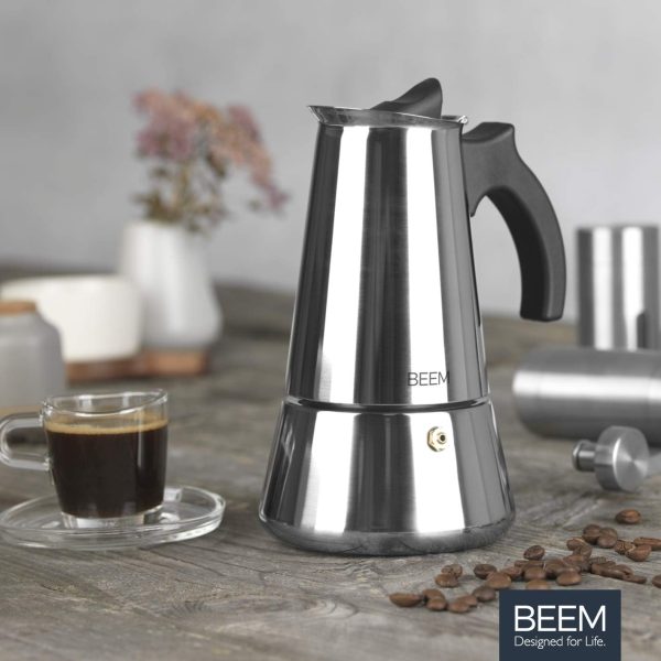BEEM ESPRESSOMAKER Espressokocher - 6 Tassen | Kaffeekocher | Induktion geeignet | Edelstahl | 200-300 ml Mokka | Camping Espressokanne | Plus Beutel 6
