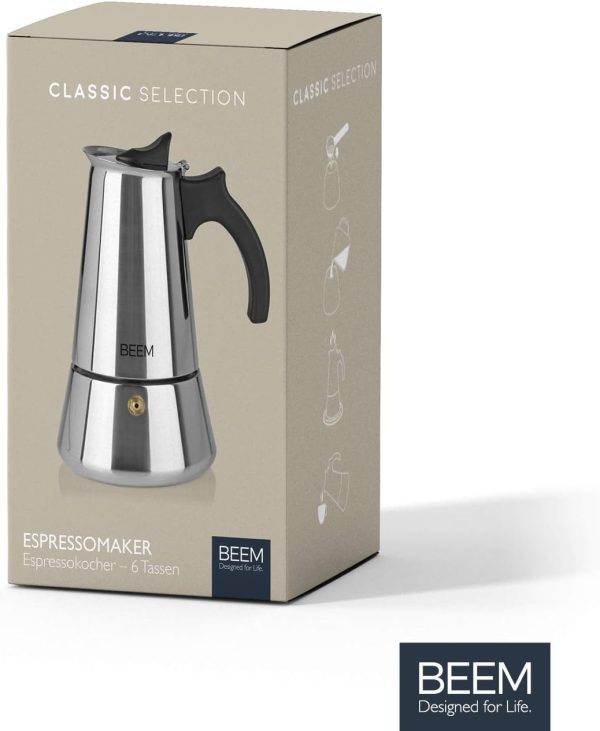 BEEM ESPRESSOMAKER Espressokocher - 6 Tassen | Kaffeekocher | Induktion geeignet | Edelstahl | 200-300 ml Mokka | Camping Espressokanne | Plus Beutel 7