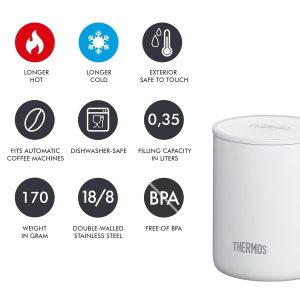 THERMOS LONGLIFE CUP 0,35l, snow white, Edelstahlbecher mit auflegbarem Deckel oder Untersetzer, Kaffeebecher Edelstahl, Campingtasse, hält Getränke länger heiss oder kalt, spülmaschinenfest, BPA-frei 14