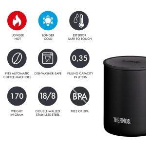 Thermos Edelstahlbecher Longlife Cup 350ml, Tasse Edelstahl schwarz mit auflegbarem Deckel, Kaffeebecher hält Getränke länger heiß, ideal für Büro oder Camping - 4071.232.035 14